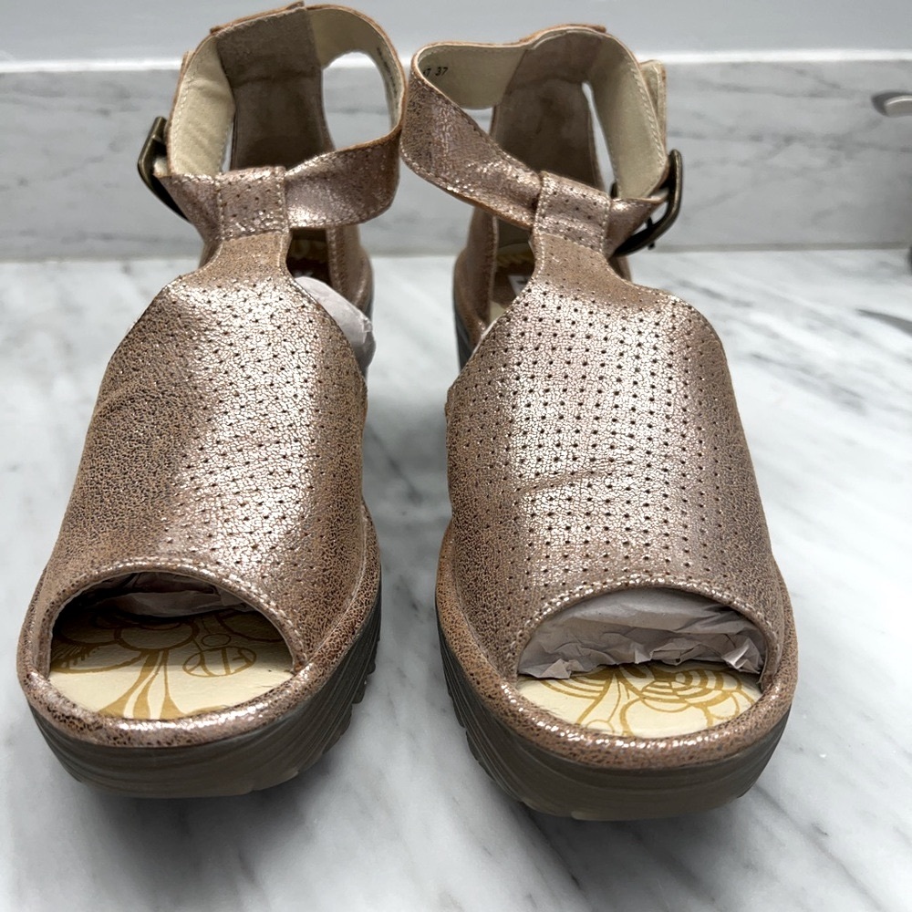 Fly London Y’all Platform Wedge Perforated Metallic Leather Sandals